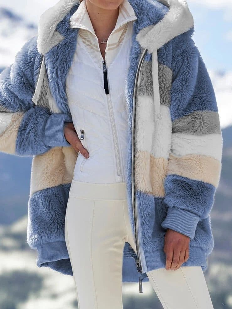 image-Women's Loose Plush Multicolor Hooded Jacket