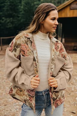 image-Khaki Floral Waffle Knit Patchwork Buttoned Jacket