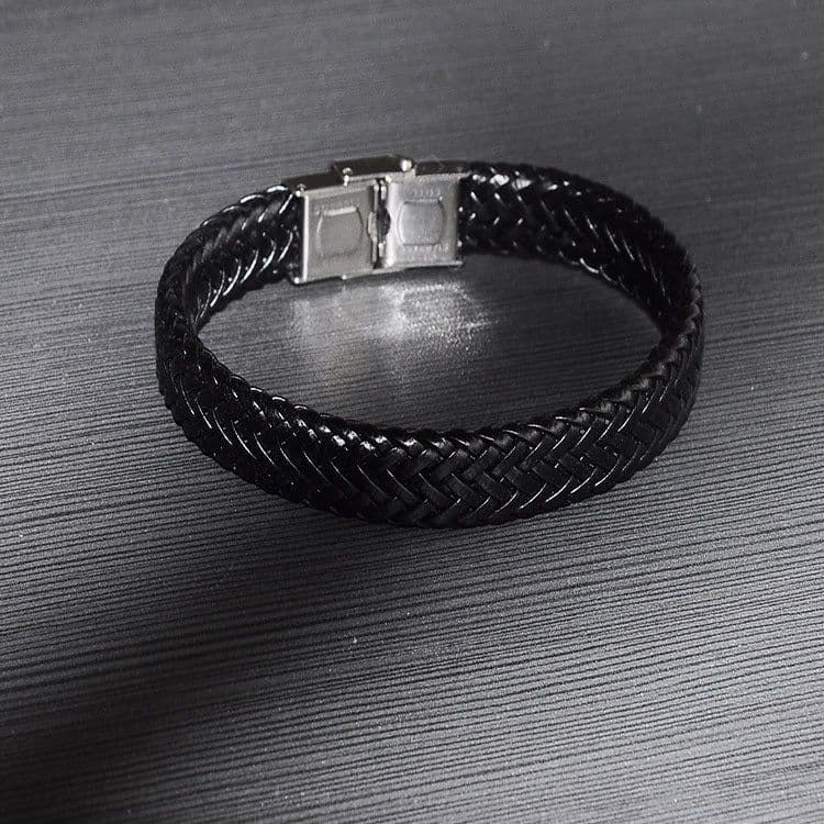 image-Braided Men's Titanium Leather Bracelet Jewelry Braided Stainless Steel Leather Bracelet Leather Rope Bracelet Europe and America Wholesale
