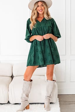 image-Blackish Green Embroidered Eyelet Puffy Sleeve Mini Dress