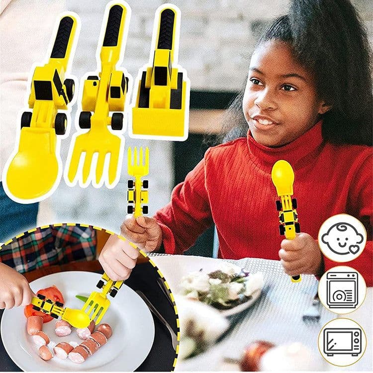 image-Dinneractive Car Bulldozer Excavator Shovel Fork Shovel Dinner Plate Children's Tableware Three Sets