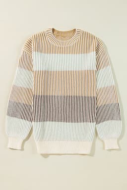 image-Textured Knit Colorblock Sweater - Bubble Sleeves - Brown