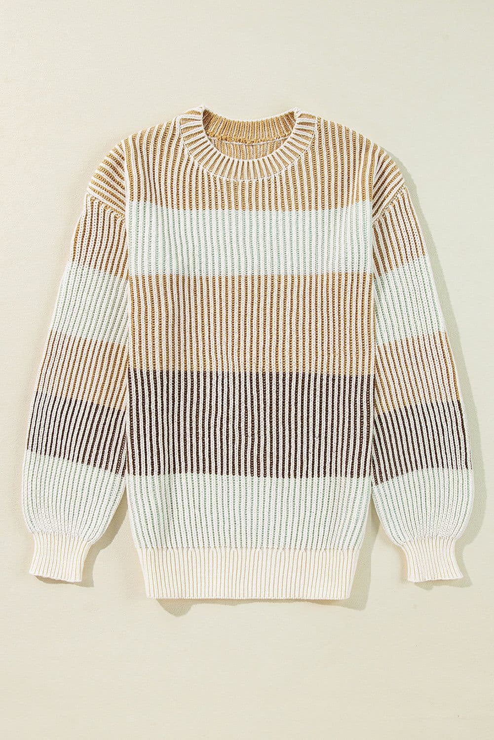 image-Textured Knit Colorblock Sweater - Bubble Sleeves - Brown