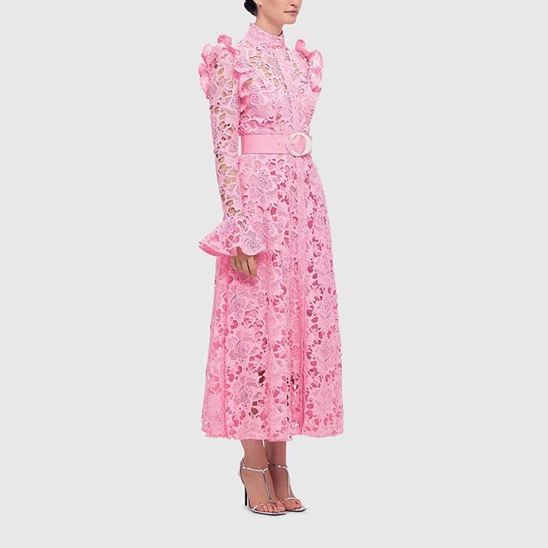 image-Retro heavy industry French long skirt 2023 new temperament niche design lace embroidery waist dress women's trend
