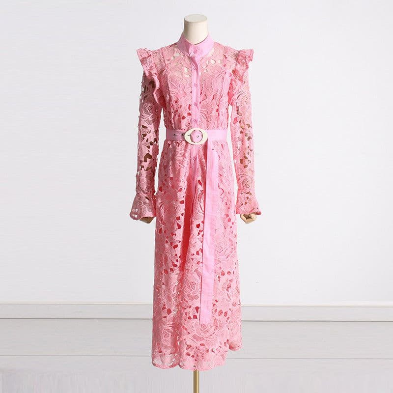 image-Retro heavy industry French long skirt 2023 new temperament niche design lace embroidery waist dress women's trend