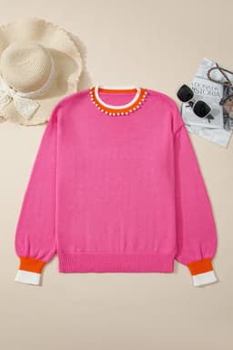 image-Sachet Pink Contrast Crew Neck Pearled Knit Sweater