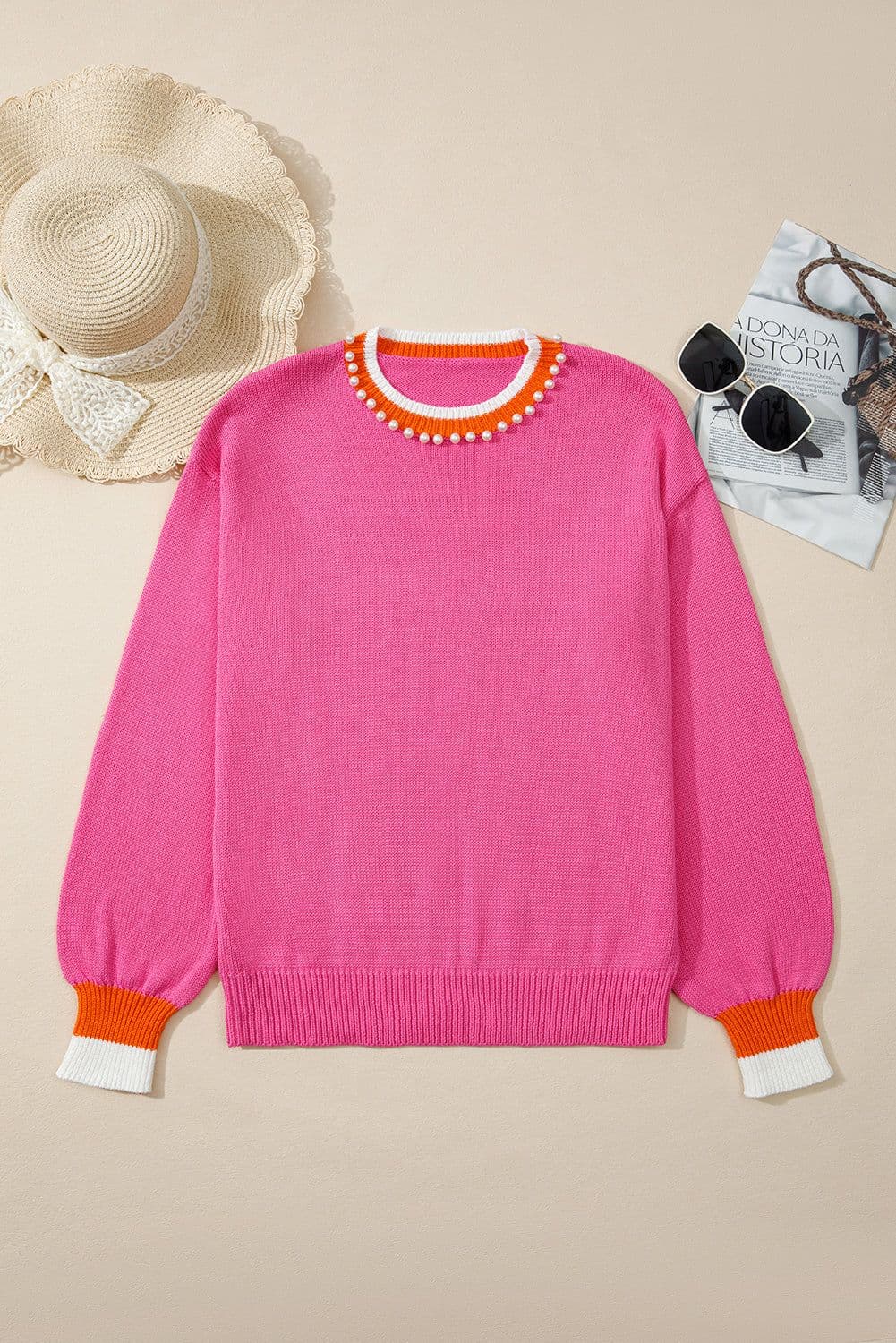image-Sachet Pink Contrast Crew Neck Pearled Knit Sweater