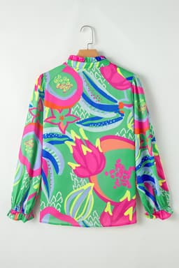 image-Green Abstract Print Ruffled Sleeve V Neck Blouse