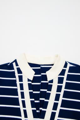 image-Blue Stripe Stand Collar V Neck Elastic Cuffs Half Sleeve Dolman Top