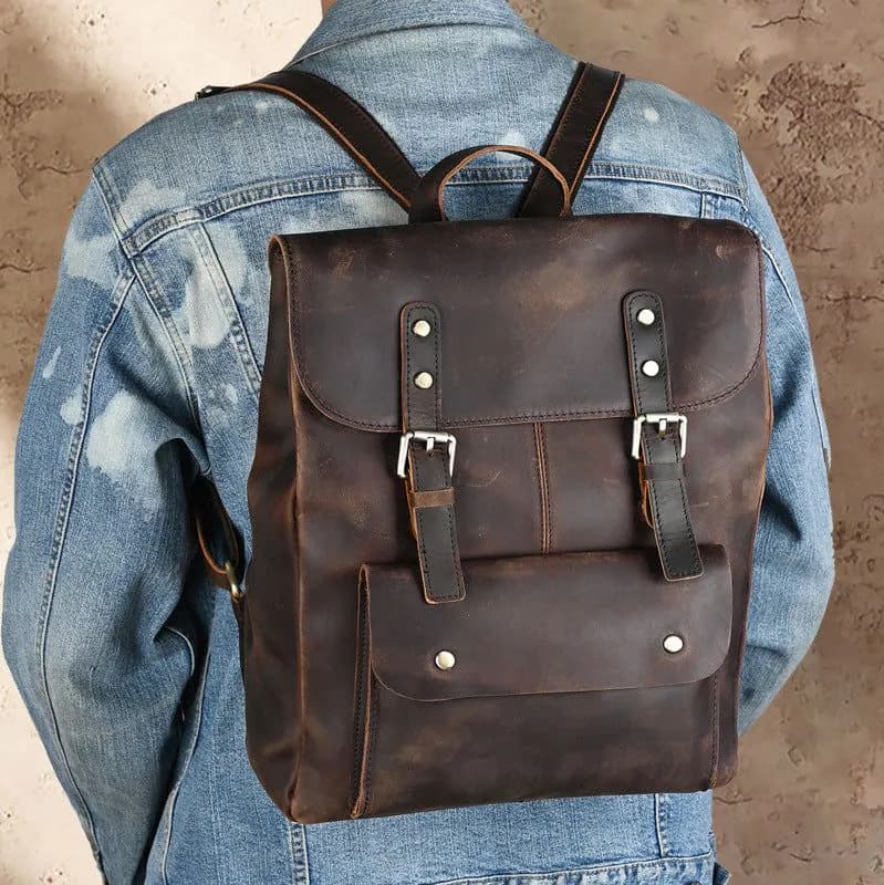 image-Ancient Chaoke Crazy Horse Leather Backpack First Layer Cowhide College Style Backpack for Men and Women Retro Genuine Leather Handmade Casual School Bag