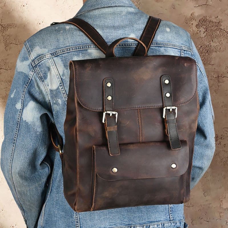 image-Ancient Chaoke Crazy Horse Leather Backpack First Layer Cowhide College Style Backpack for Men and Women Retro Genuine Leather Handmade Casual School Bag
