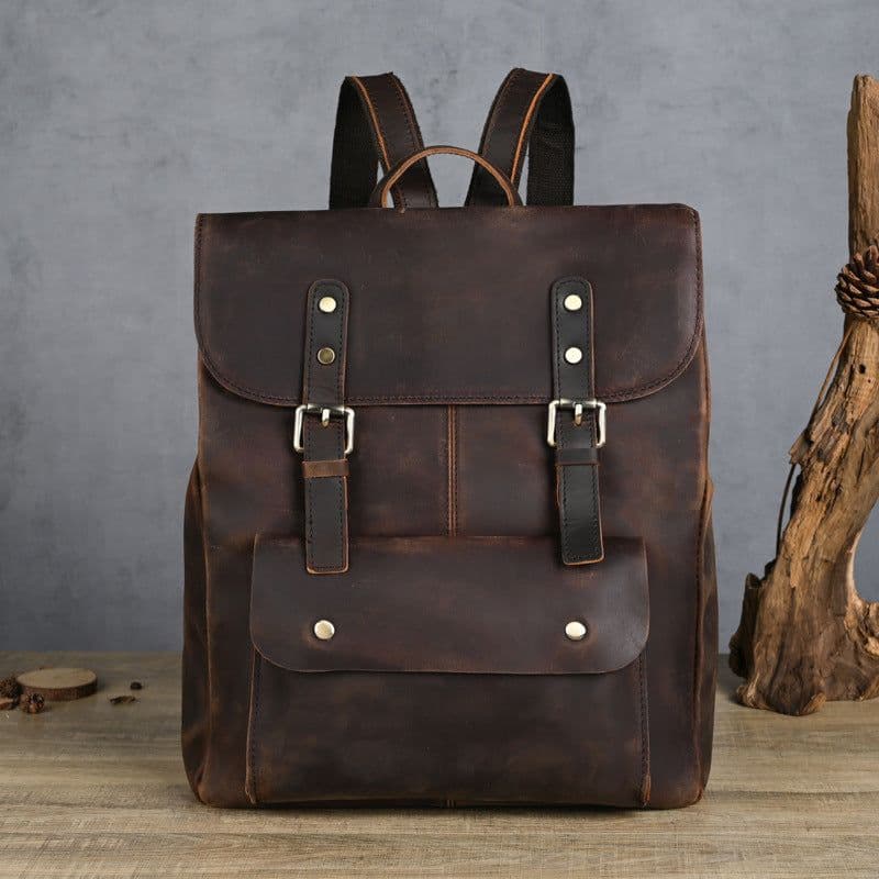 image-Ancient Chaoke Crazy Horse Leather Backpack First Layer Cowhide College Style Backpack for Men and Women Retro Genuine Leather Handmade Casual School Bag