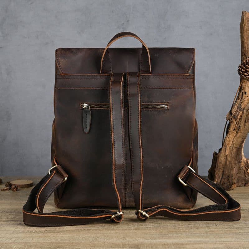 image-Ancient Chaoke Crazy Horse Leather Backpack First Layer Cowhide College Style Backpack for Men and Women Retro Genuine Leather Handmade Casual School Bag