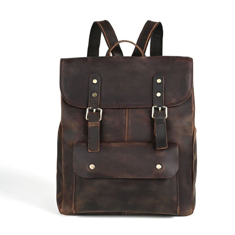 image-Ancient Chaoke Crazy Horse Leather Backpack First Layer Cowhide College Style Backpack for Men and Women Retro Genuine Leather Handmade Casual School Bag