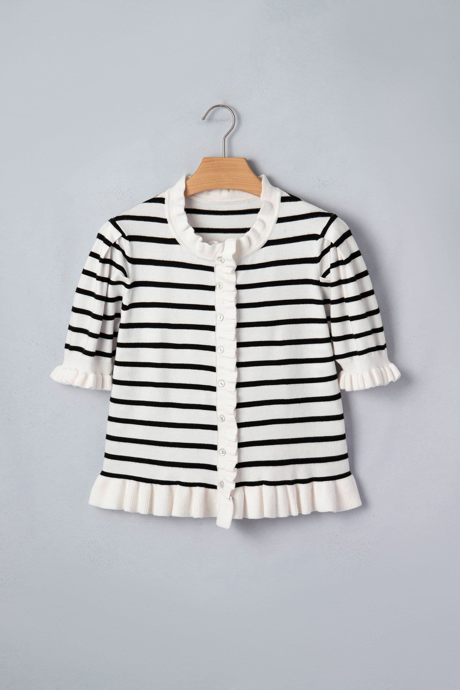 image-Stripped Beige Stripe Knit Short Sleeve Sweater Cardigan