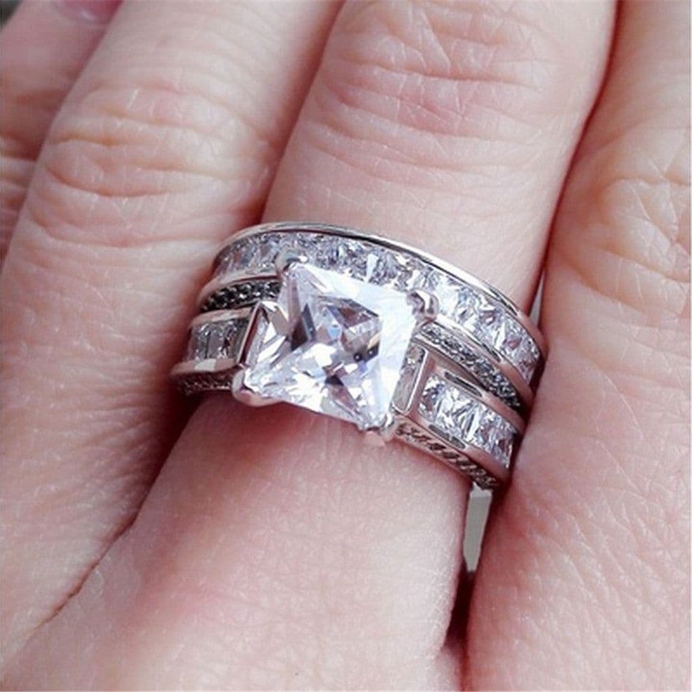image-New Style Charm Couple Rings His Her Silver Color Princess Cut CZ Anniversary Promise Wedding Engagement Ring Sets