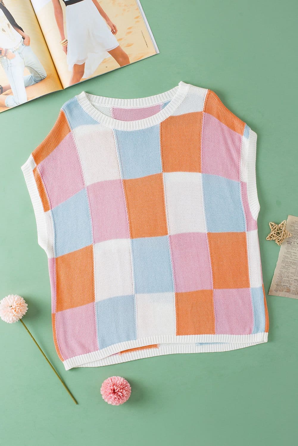 image-Grapefruit Orange Color Block Cap Sleeve Sweater