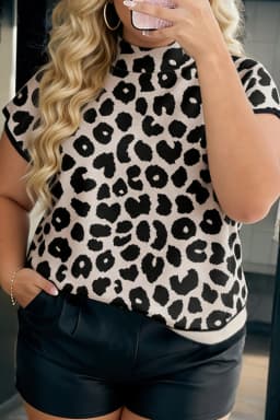 image-Black Plus Size Leopard Print High Neck Short Sleeve Sweater