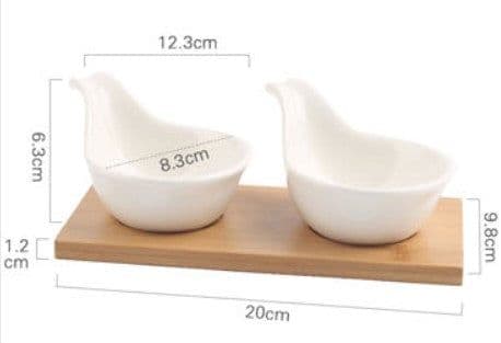 image-Ceramic Divided Serving Dish with Wooden Tray - Porcelain Bowl
