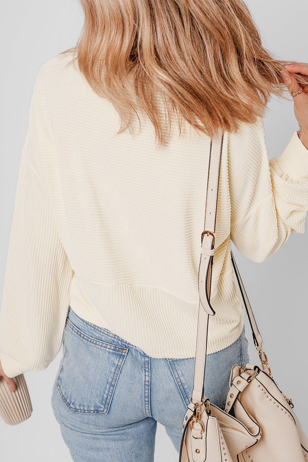 image-Apricot Corded Texture Lantern Sleeve Henley Sweatsuit