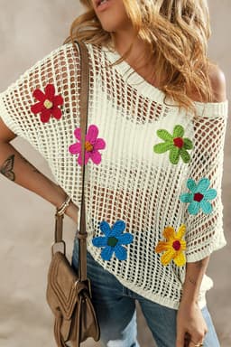 image-White Crochet Flower Hollow-out Sweater T-Shirt