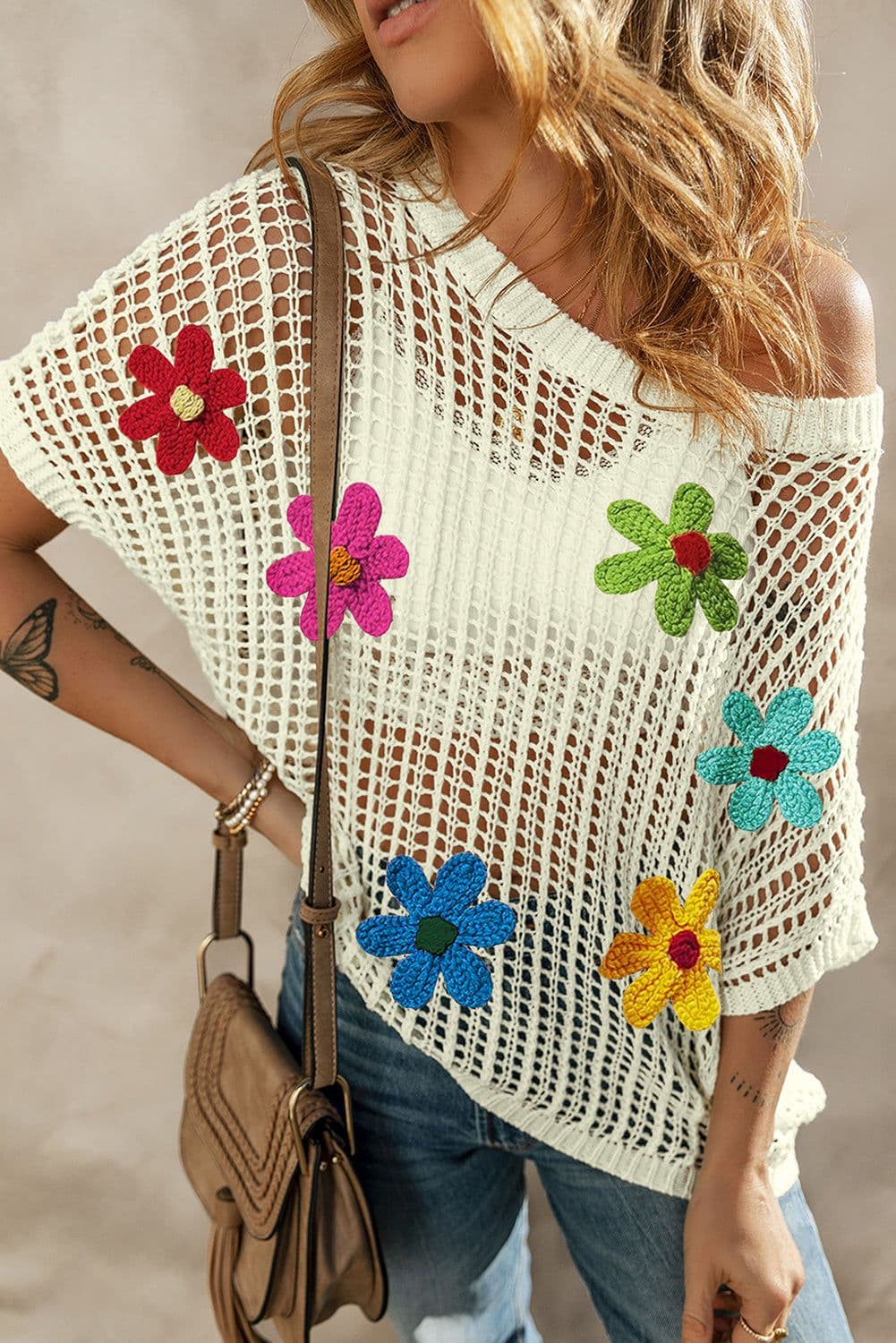 image-White Crochet Flower Hollow-out Sweater T-Shirt