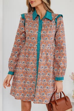 image-Orange Boho Floral Contrast Collared Shirt Dress