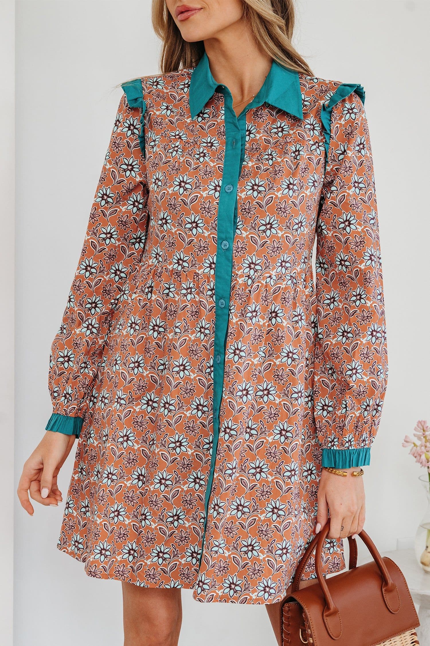 image-Orange Boho Floral Contrast Collared Shirt Dress