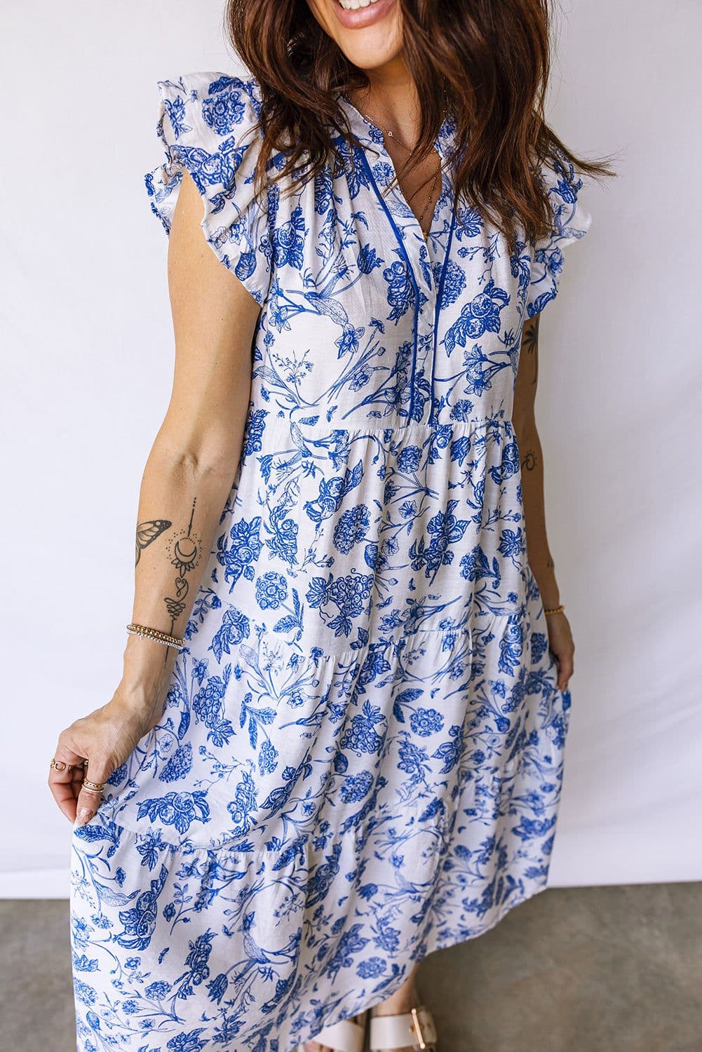 image-Blue Ruffled Short Sleeve Tiered Floral Midi Dress
