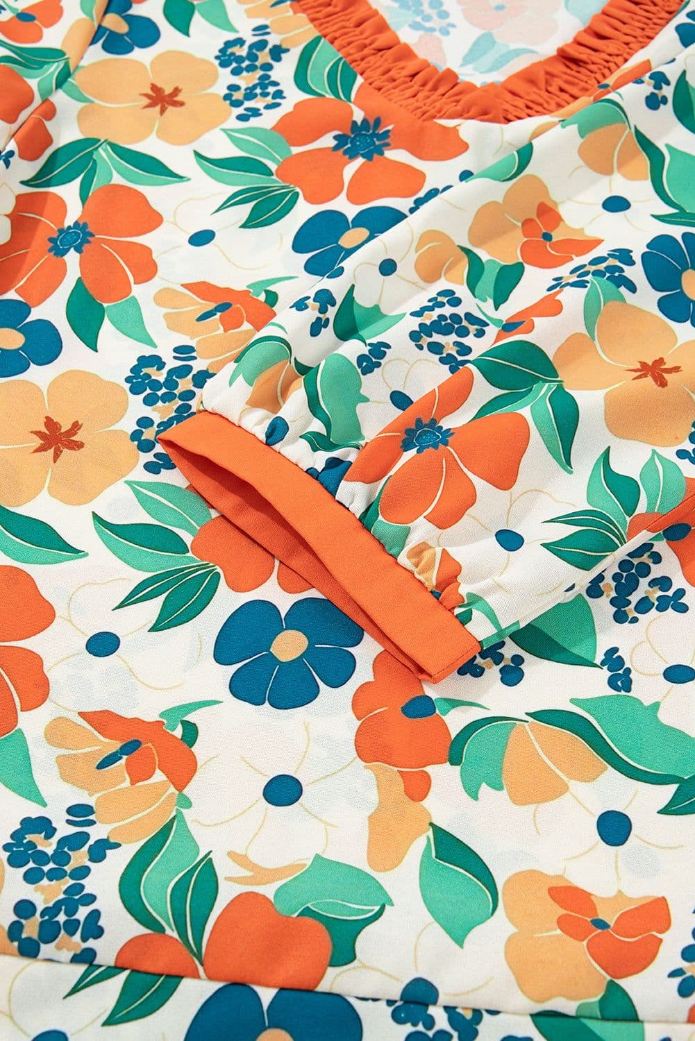 image-Orange Floral Print Blouse - Frilled V Neck