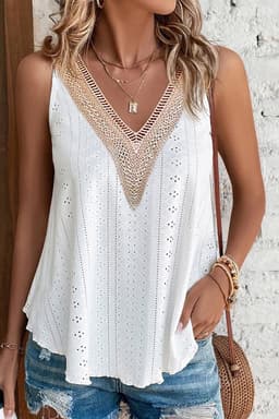 image-White Lace Crochet Tank Top V Neck Loose Fit