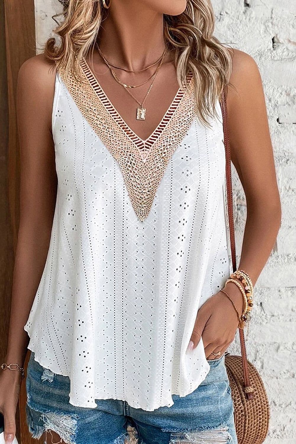 image-White Lace Crochet Tank Top V Neck Loose Fit