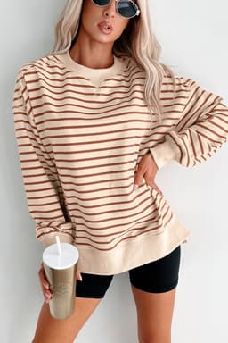 image-Khaki Stripe Baggy Sweatshirt Ribbed Band