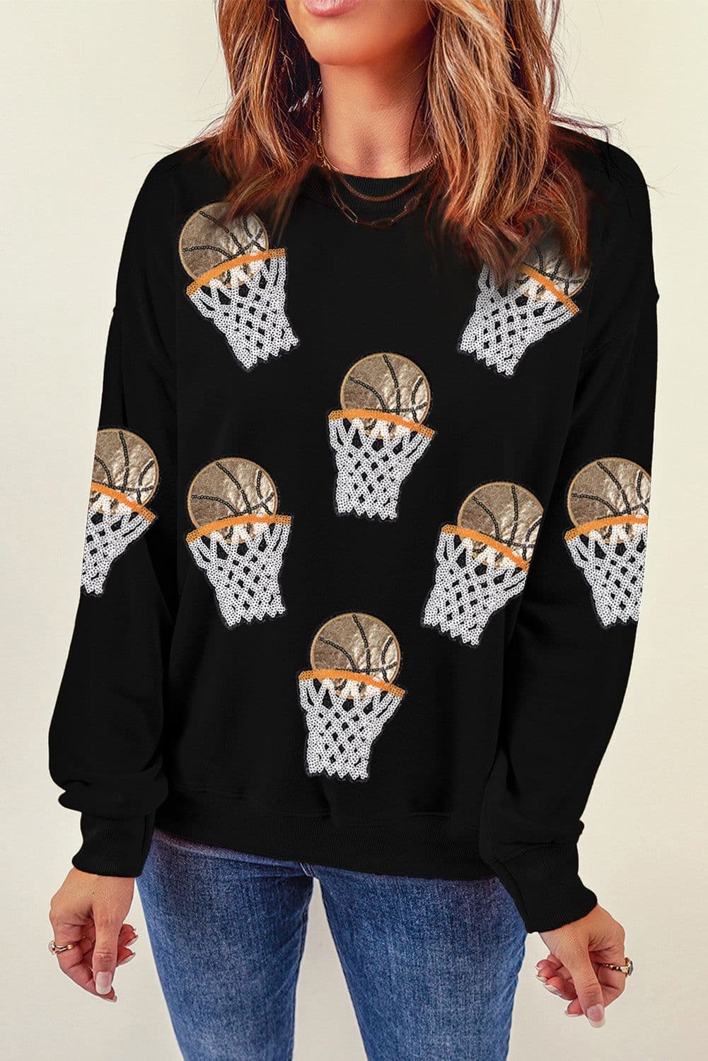 image-Game Day Crew Neck Basketball Patch Graphic Sweatshirt - Black (60 characters)