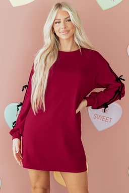 image-Racing Red Contrast Striped Bow Detail Drop Shoulder Sweatshirt Dress with Pockets