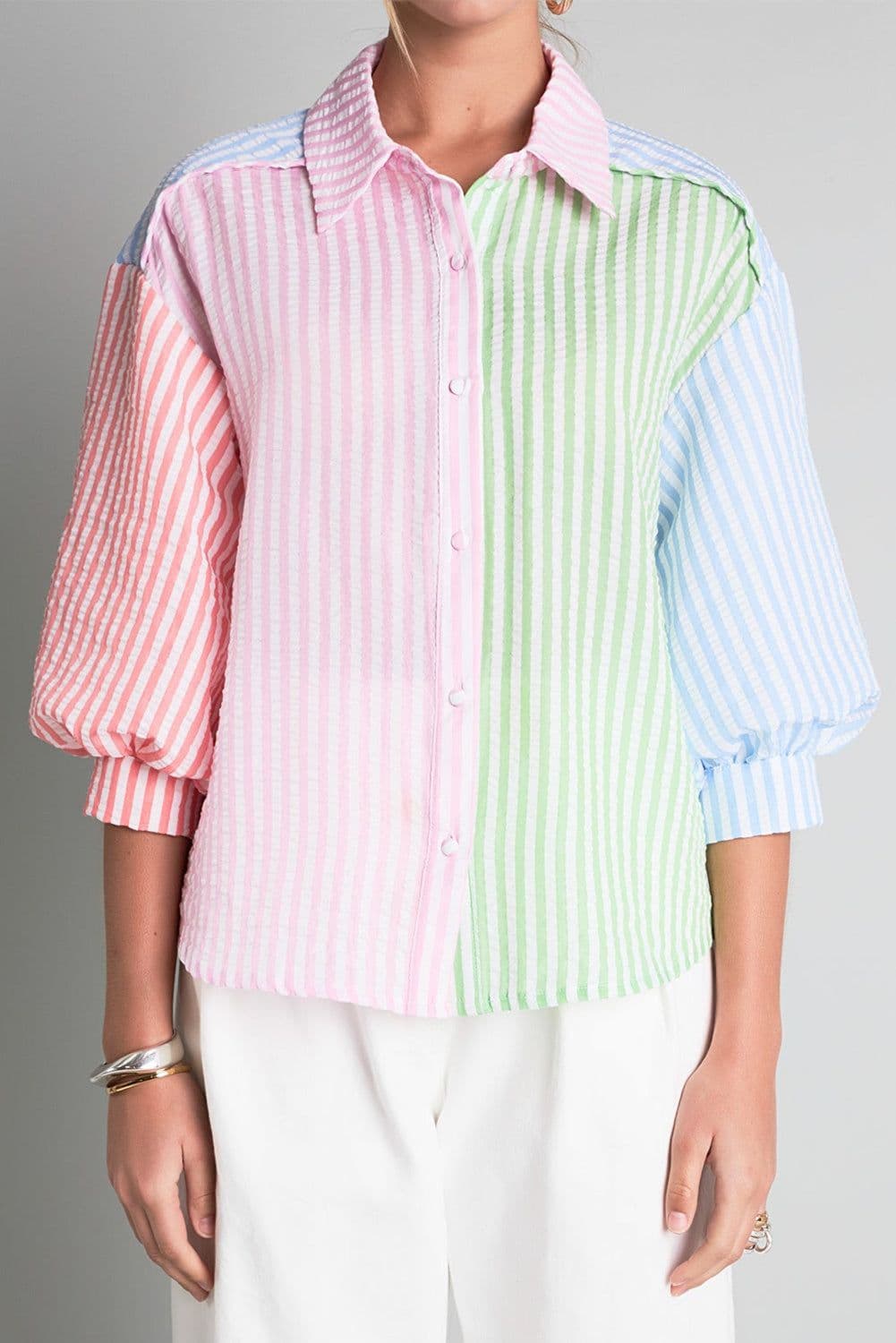 image-Pink Stripe Balloon Sleeve Buttoned Shirt - Loose Fit (65 characters)