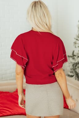 image-Racing Red Pearl Embellished Double Ruffle Sweater