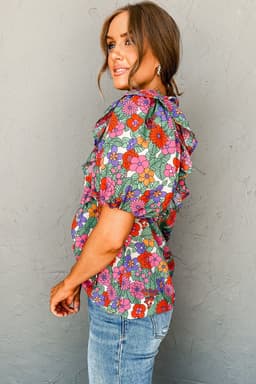 image-Red Floral Ruffle Puff Sleeve Blouse