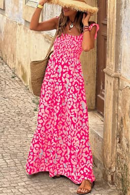 image-Pink Leopard Ruffle Straps Smocked High Waist Long Dress