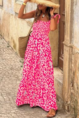 image-Pink Leopard Ruffle Straps Smocked High Waist Long Dress