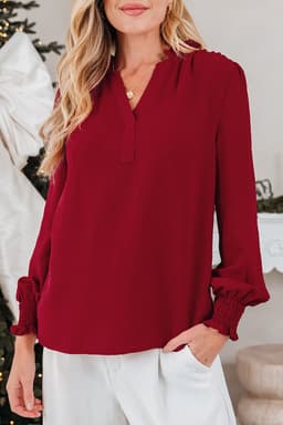 image-Burgundy Long Sleeve Blouse Shirred Cuff V-Neck