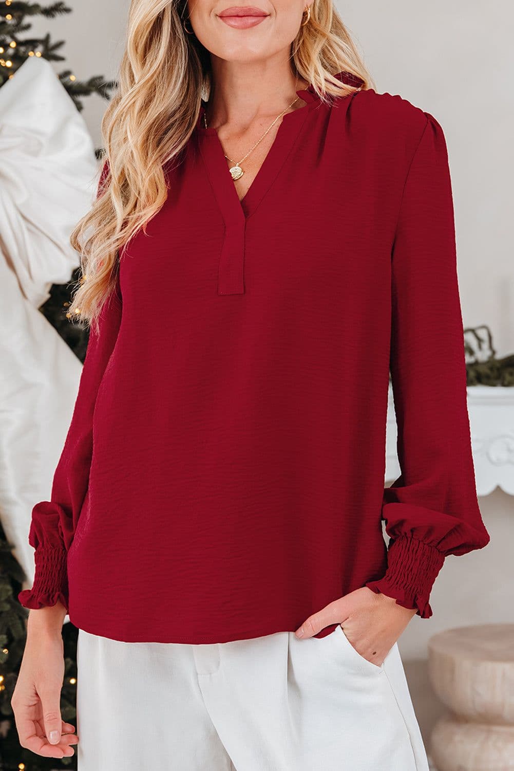 image-Burgundy Long Sleeve Blouse Shirred Cuff V-Neck