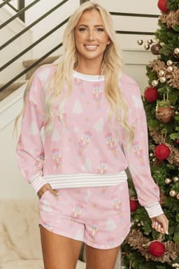 image-Pink Christmas Tree Nutcracker Doll Print Contrast Trim Long Sleeve Top Matching Shorts Set