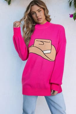 image-Cowboy Hat Graphic Rose Red Oversized Sweater - Drop Shoulder