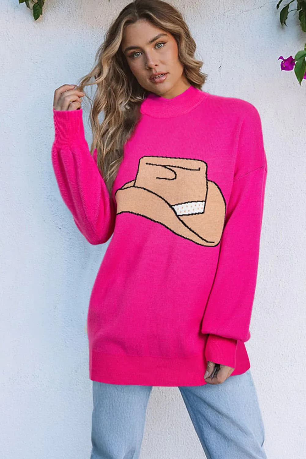 image-Cowboy Hat Graphic Rose Red Oversized Sweater - Drop Shoulder