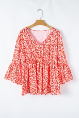 image-Plus Size Floral V Neck Flared Sleeve Blouse - Plus Size Ladies' Fashion
