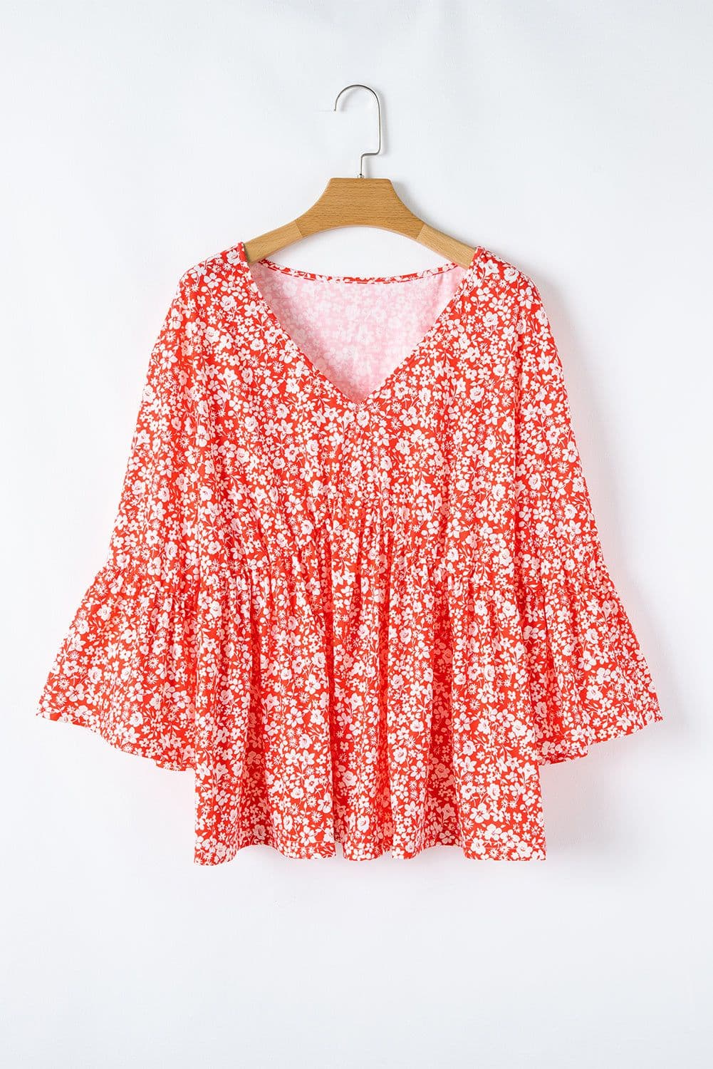 image-Plus Size Floral V Neck Flared Sleeve Blouse - Plus Size Ladies' Fashion