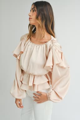 image-Oatmeal Ruffled Peplum Blouse - Keyhole Back, Size S-XL