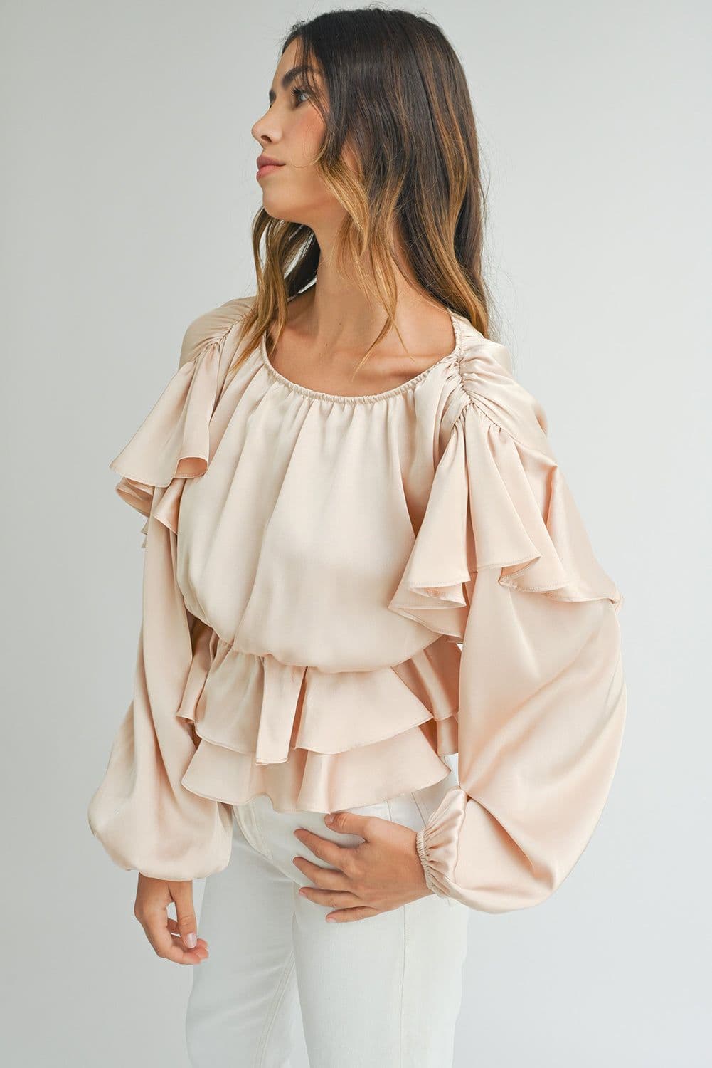 image-Oatmeal Ruffled Peplum Blouse - Keyhole Back, Size S-XL