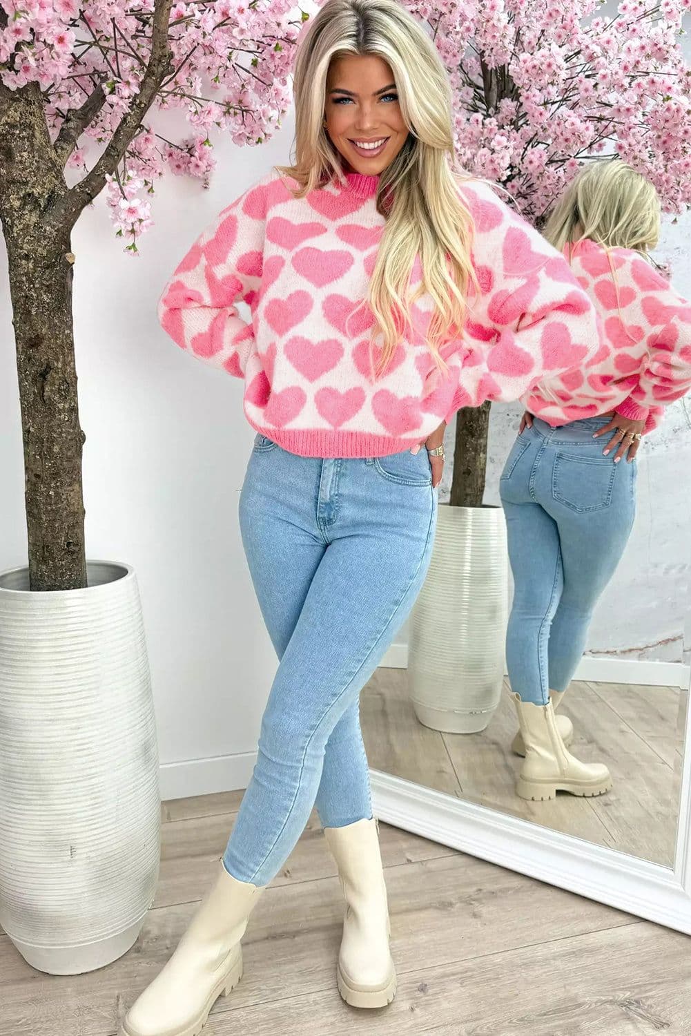 image-Strawberry Pink Valentine Heart Print Knit Sweater